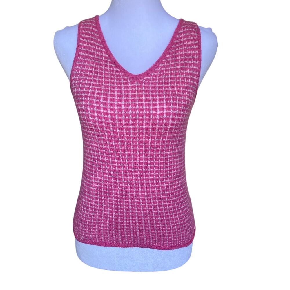 VTG TSE Cashmere Silk Knit Sweater Vest Top V-Neck Pink Houndstooth Size XS